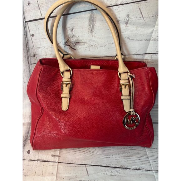 Michael Kors Pebbled Red Leather Medium Handbag Holiday Party Chic - Picture 2 of 12